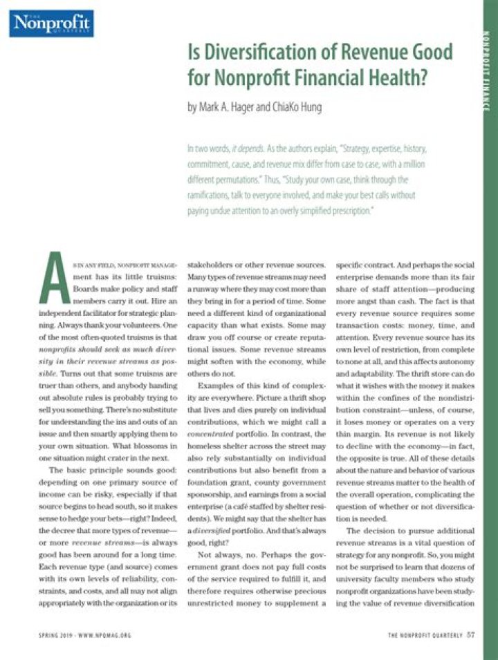 Is diversification of revenue Good for nonprofit financial health?