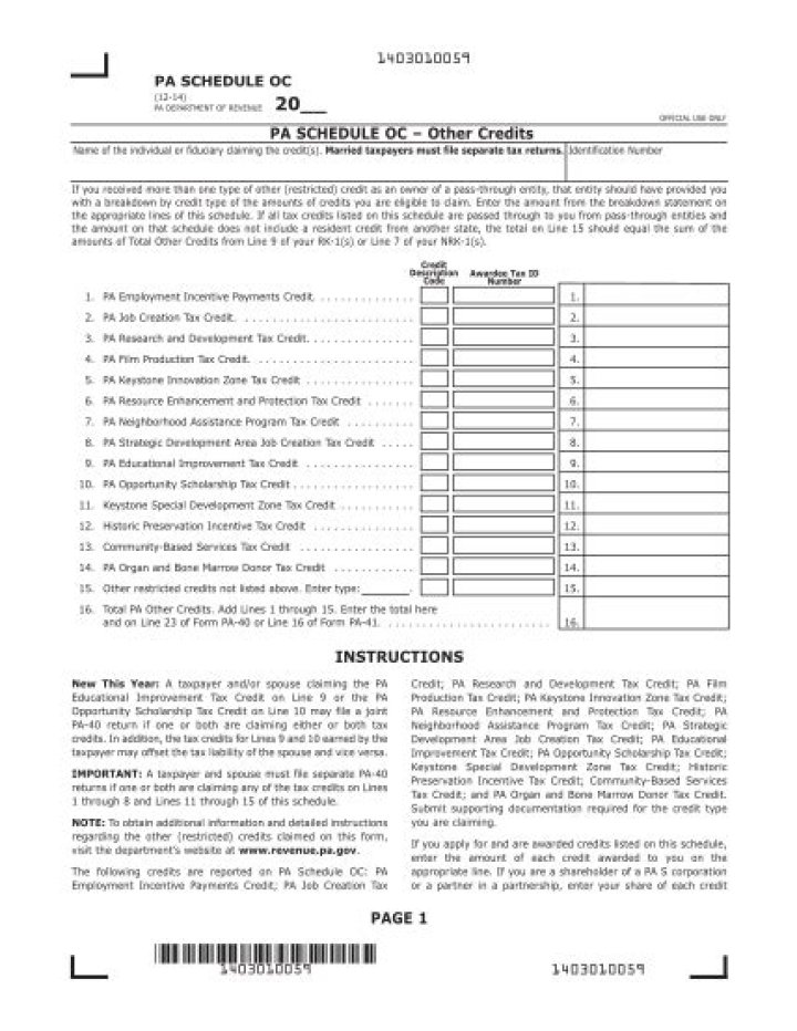 What is PA Schedule OC?